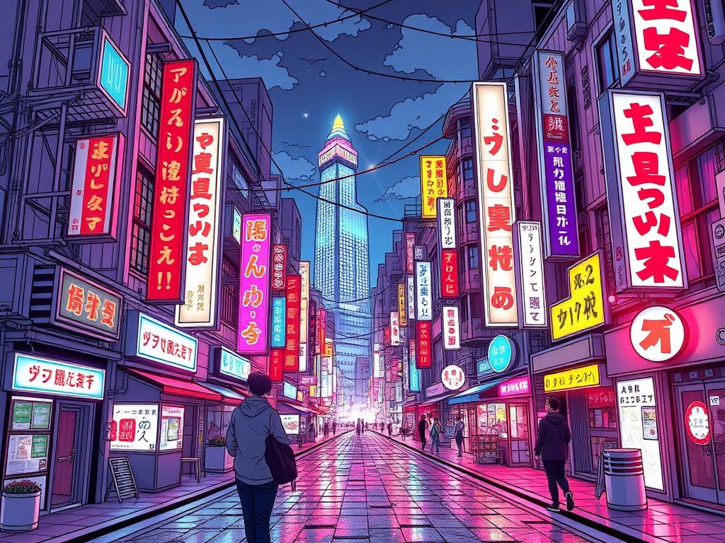 A futuristic Japanese comic city with neon lights