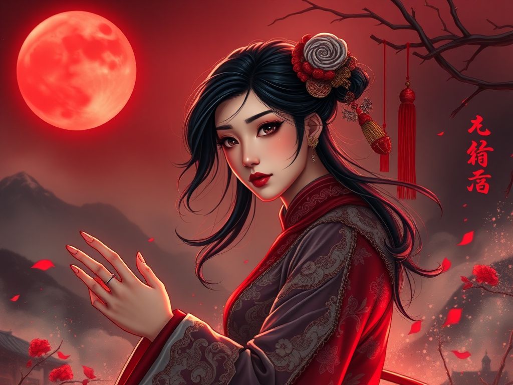 A dramatic Chinese comic heroine under a crimson moon